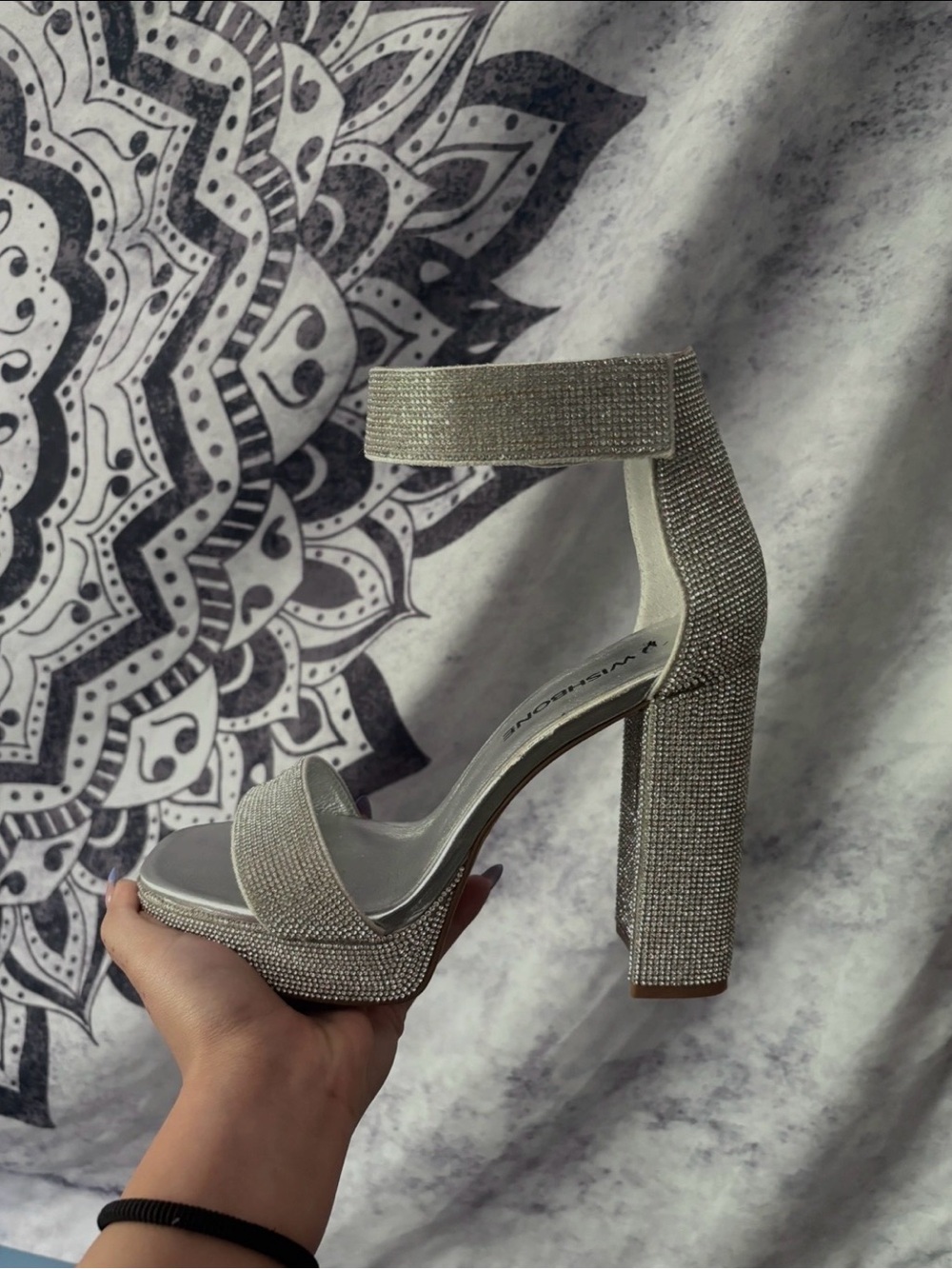 Wishbone Silver Rhinestone Platform Block Heels - Picture 2 of 3